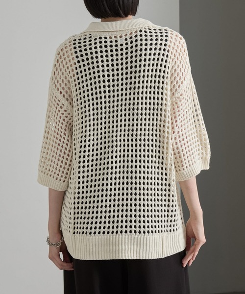 cussil(クシル)の「【cussil/クシル】透かし編みルーズ半袖スキッパーサマーポロニット(ポロシャツ・メンズ・ホワイト/ブラック/ブルー/ブラウン・L/S/M)」の6枚目の写真
