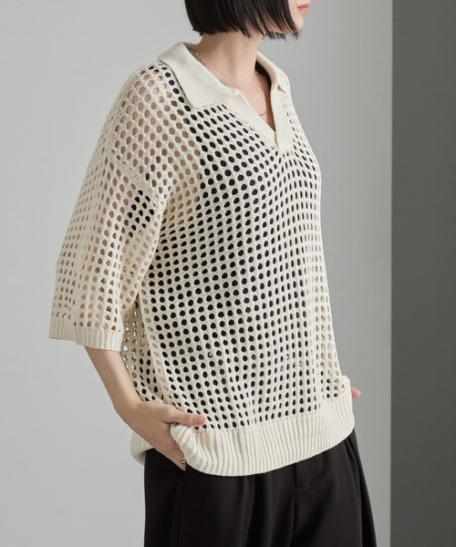 cussil(クシル)の「【cussil/クシル】透かし編みルーズ半袖スキッパーサマーポロニット(ポロシャツ・メンズ・ホワイト/ブラック/ブルー/ブラウン・L/S/M)」の7枚目の写真
