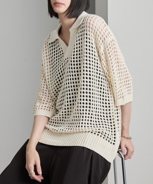 cussil(クシル)の「【cussil/クシル】透かし編みルーズ半袖スキッパーサマーポロニット(ポロシャツ・メンズ・ホワイト/ブラック/ブルー/ブラウン・L/S/M)」の9枚目の写真