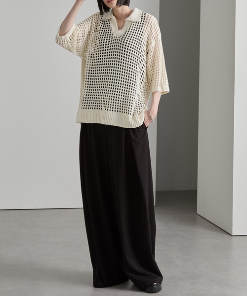 cussil(クシル)の「【cussil/クシル】透かし編みルーズ半袖スキッパーサマーポロニット(ポロシャツ・メンズ・ホワイト/ブラック/ブルー/ブラウン・L/S/M)」の12枚目の写真