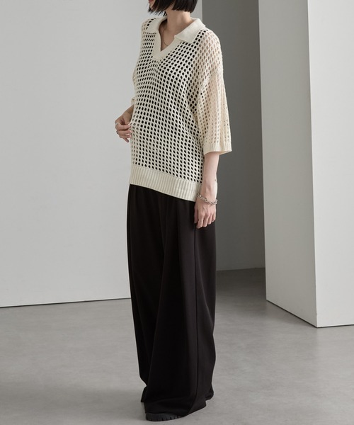 cussil(クシル)の「【cussil/クシル】透かし編みルーズ半袖スキッパーサマーポロニット(ポロシャツ・メンズ・ホワイト/ブラック/ブルー/ブラウン・L/S/M)」の13枚目の写真