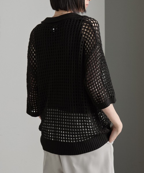 cussil(クシル)の「【cussil/クシル】透かし編みルーズ半袖スキッパーサマーポロニット(ポロシャツ・メンズ・ホワイト/ブラック/ブルー/ブラウン・L/S/M)」の17枚目の写真