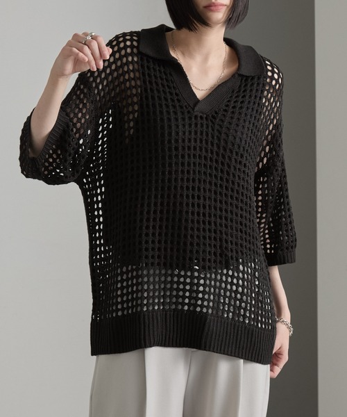 cussil(クシル)の「【cussil/クシル】透かし編みルーズ半袖スキッパーサマーポロニット(ポロシャツ・メンズ・ホワイト/ブラック/ブルー/ブラウン・L/S/M)」の19枚目の写真