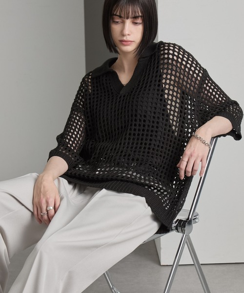 cussil(クシル)の「【cussil/クシル】透かし編みルーズ半袖スキッパーサマーポロニット(ポロシャツ・メンズ・ホワイト/ブラック/ブルー/ブラウン・L/S/M)」の20枚目の写真