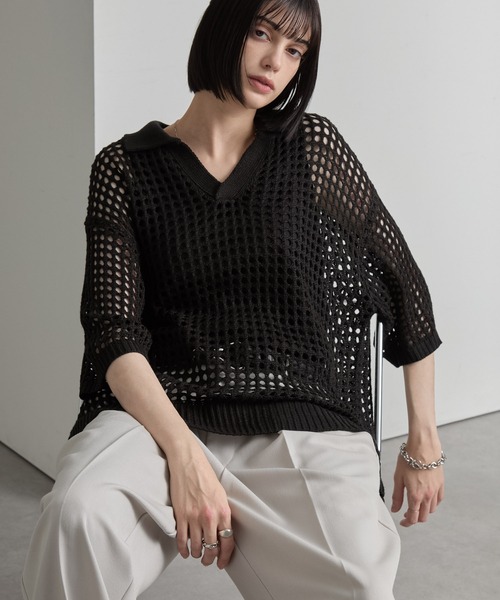cussil(クシル)の「【cussil/クシル】透かし編みルーズ半袖スキッパーサマーポロニット(ポロシャツ・メンズ・ホワイト/ブラック/ブルー/ブラウン・L/S/M)」の21枚目の写真
