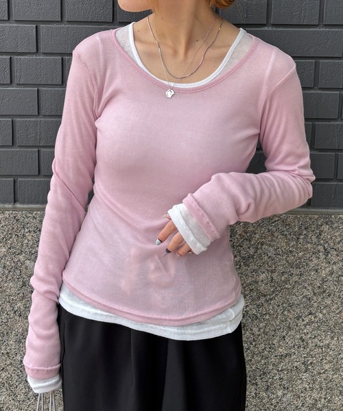 ISOOK(アイスー)の「【ISOOK / アイスー】ロングスリーブシアーロンT / 長袖 クルーネック 丸首 Tシャツ レイヤード トップス 重ね着 タイト インナー ピンク イエロー グレー ホワイト ZOZOTOWN限定(Tシャツ/カットソー・レディース・ホワイト/ライトグレー/ライトピンク/ライトイエロー・FREE)」の4枚目の写真