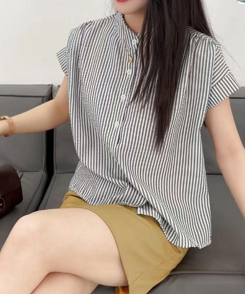 mielu（ミエル）の「ストライプフレンチシャツ（シャツ/ブラウス・レディース・ブラック・LARGE/MEDIUM）」の5枚目の写真