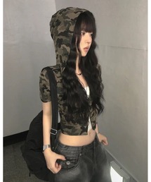 クロップド丈迷彩柄半袖Wジップフーディー