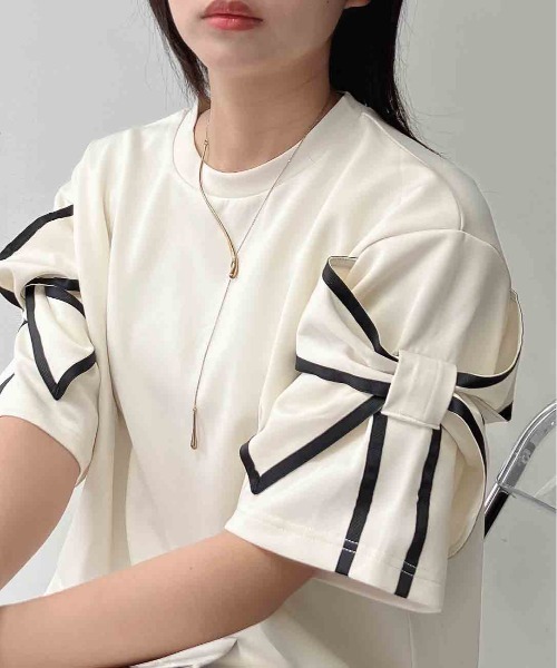AS KNOW AS plus(アズノゥアズプラス)の「◯袖リボン×脇スリット オーバーサイズ半袖Tシャツ(Tシャツ/カットソー・レディース・アイボリー/杢グレー/ブラック・FREE)」の5枚目の写真