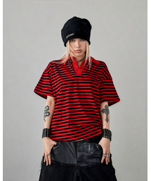 W.ストライプポロTシャツレッド