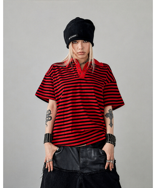ROARINGRAD(ロアリングラド)の「W.ストライプポロTシャツレッド(ポロシャツ・レディース・その他・MEDIUM/LARGE)」の1枚目の写真