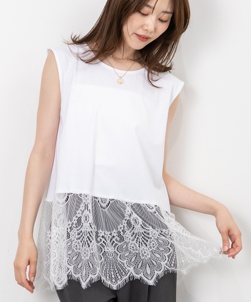 MAISONCOMFY (メゾンコンフィ)の「【レースドッキングTシャツ】一枚でもレイヤードでもサマになる優れもの(Tシャツ/カットソー・レディース・ブラック/ホワイト/グレー・FREE)」の2枚目の写真