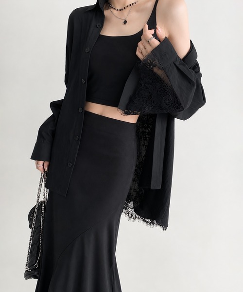 【美品】ヨシユキコニシ　プリーツカットソー　黒　グラデーション　ストレッチ　総柄 ラッシュガードシャツレース切替タイプ（ラッシュガード）｜by LEGNA