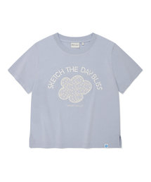 ウィメンズレースアップリケ半袖Tシャツスカイブルー