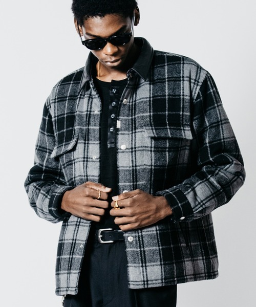 CRIMIE(クライミー)の「LEATHER-COLLAR SNAP SHIRT JACKET(ブルゾン・メンズ・ブラック/グリーン・XXL/XL/L/M)」の1枚目の写真