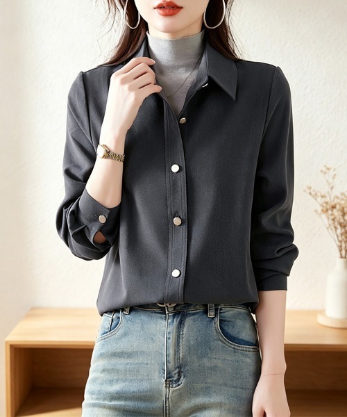 ONEP STAR(ワンピスター)の「襟付きフロントボタンベーシックシャツ(シャツ/ブラウス・レディース・グレー・LARGE/X-LARGE/MEDIUM)」の14枚目の写真