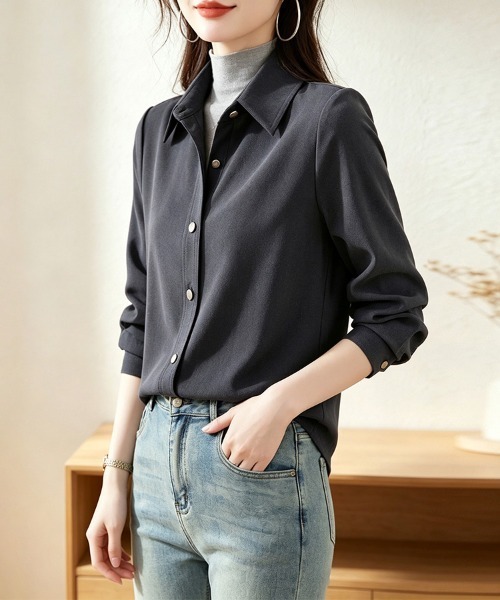 ONEP STAR(ワンピスター)の「襟付きフロントボタンベーシックシャツ(シャツ/ブラウス・レディース・グレー・LARGE/X-LARGE/MEDIUM)」の13枚目の写真