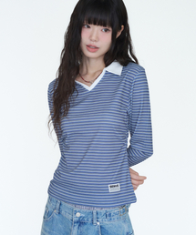 リブストライプ襟付き長袖Tシャツ（セミクロップ）[ブルー]