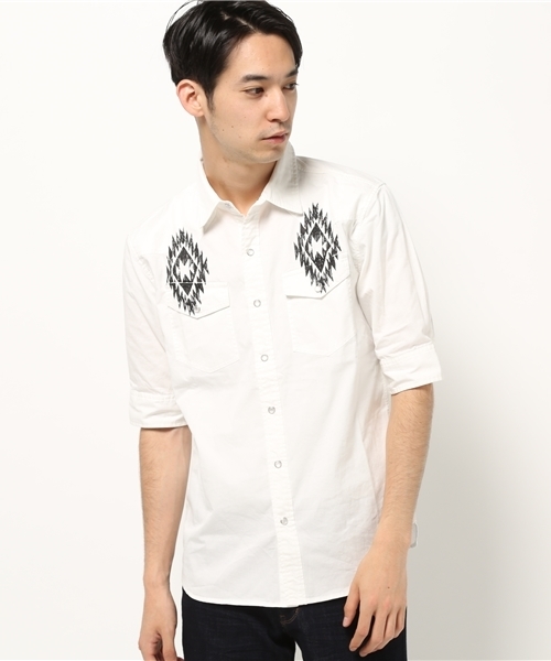 VENCEEXCHANGE(ヴァンスエクスチェンジ)の「ツイルオルテガプリント5分シャツ(シャツ/ブラウス・メンズ・ブラック/オフホワイト/ダークグリーン・LARGE/MEDIUM)」の2枚目の写真