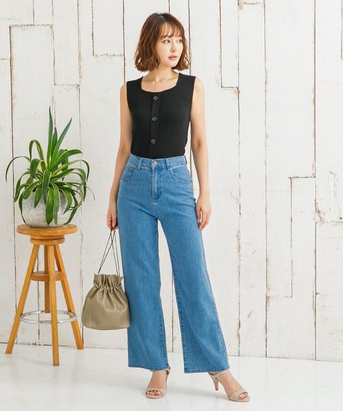 KOBE LETTUCE（コウベレタス）の「ボタン付きスクエアネックリブサマーニットタンクトップ（タンクトップ・レディース・ブラック/ピンク/モカ・FREE）」の8枚目の写真