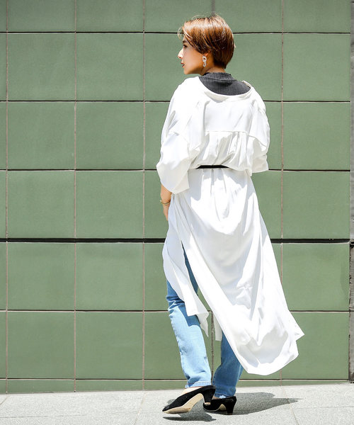 Fashion Letter（ファッションレター）の「ロングスリットノーカラー長袖シャツワンピース（シャツワンピース・レディース・ホワイト/ブラック/ベージュ/ブラウン/カーキ・M/L）」の6枚目の写真