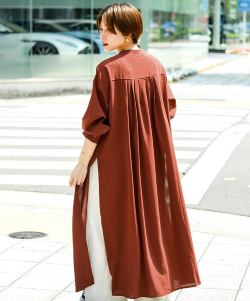 ロングスリットノーカラー長袖シャツワンピース（シャツ