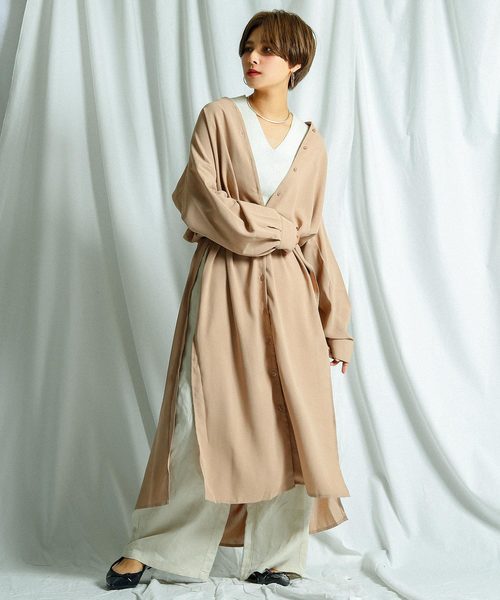 ロングスリットノーカラー長袖シャツワンピース（シャツ