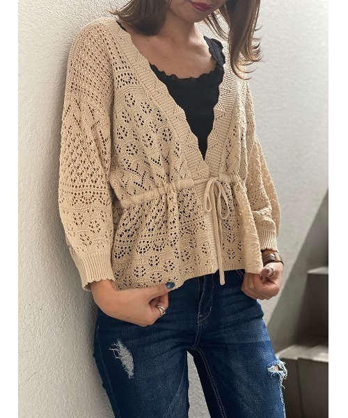 one way（ワンウェイ）の「透かし編みドロストカーデ（カーディガン/ボレロ・レディース・ブラック/ホワイト/ベージュ/ライトピンク・FREE）」の4枚目の写真