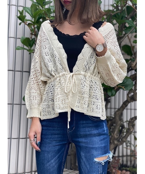 one way（ワンウェイ）の「透かし編みドロストカーデ（カーディガン/ボレロ・レディース・ブラック/ホワイト/ベージュ/ライトピンク・FREE）」の2枚目の写真