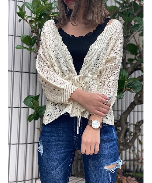one way（ワンウェイ）の「透かし編みドロストカーデ（カーディガン/ボレロ・レディース・ブラック/ホワイト/ベージュ/ライトピンク・FREE）」の5枚目の写真