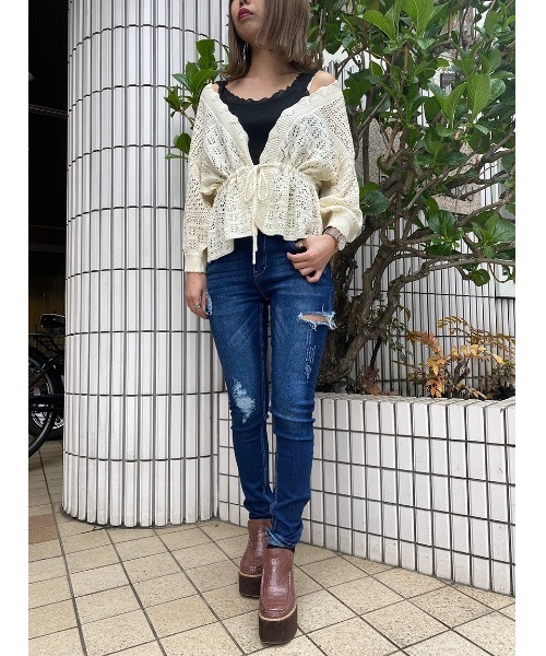 one way（ワンウェイ）の「透かし編みドロストカーデ（カーディガン/ボレロ・レディース・ブラック/ホワイト/ベージュ/ライトピンク・FREE）」の12枚目の写真