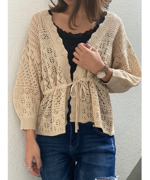 one way（ワンウェイ）の「透かし編みドロストカーデ（カーディガン/ボレロ・レディース・ブラック/ホワイト/ベージュ/ライトピンク・FREE）」の7枚目の写真