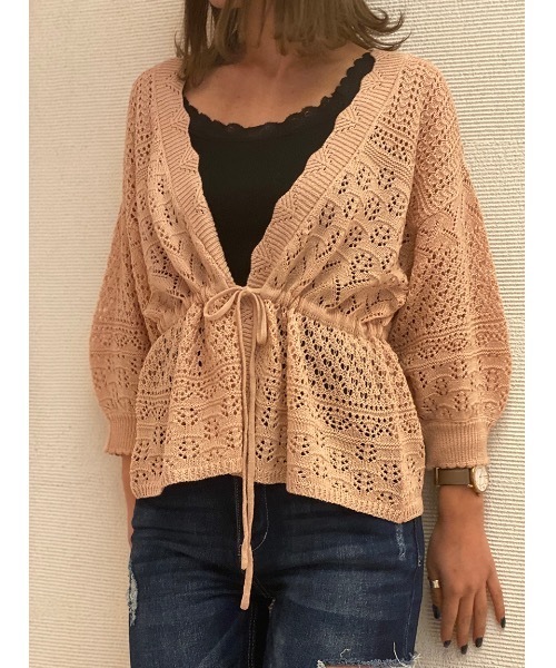 one way（ワンウェイ）の「透かし編みドロストカーデ（カーディガン/ボレロ・レディース・ブラック/ホワイト/ベージュ/ライトピンク・FREE）」の6枚目の写真