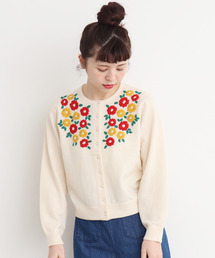 child woman シェットランドHAND刺繍クルーカーディガン ニット