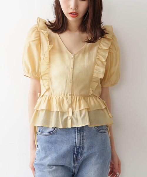 FREE'S MART（フリーズマート）の「◆前後2Wayシアー肩フリル半袖ブラウス（シャツ/ブラウス・レディース・ブラック/ホワイト/グリーン/イエロー・FREE）」の4枚目の写真