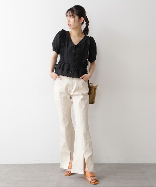 FREE'S MART（フリーズマート）の「◆前後2Wayシアー肩フリル半袖ブラウス（シャツ/ブラウス・レディース・ブラック/ホワイト/グリーン/イエロー・FREE）」の14枚目の写真