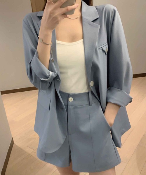 meJane（ミージェーン）の「テーラードジャケット&ショートパンツセットアップ【ZOZOTOWN限定】（セットアップ・レディース・ブルー/アイボリー・S/M）」の7枚目の写真