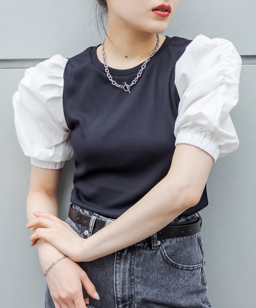 RASVOA(ラスボア)の「ジゴスリーブトップス(Tシャツ/カットソー・レディース・ブルー/ブラック・FREE)」の2枚目の写真