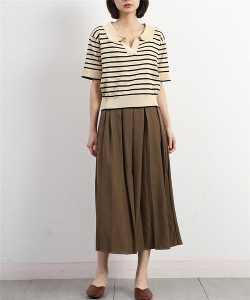 MAISON DE THERESE（メゾン ド テレーズ）の「ニットボーダー半袖ポロシャツ ストライプ Tシャツ polo カットソー 男女兼用（ポロシャツ・レディース・ブラック/ライトベージュ/ネイビー/ベージュ/ホワイト/ブラック系1/ホワイト系1/ベージュ系1・FREE）」の9枚目の写真