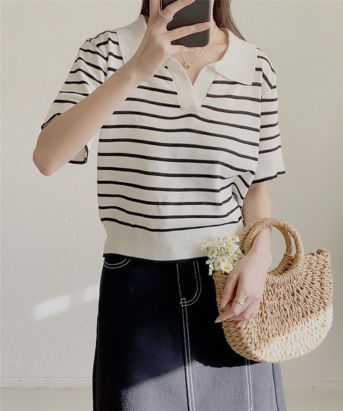 MAISON DE THERESE（メゾン ド テレーズ）の「ニットボーダー半袖ポロシャツ ストライプ Tシャツ polo カットソー 男女兼用（ポロシャツ・レディース・ブラック/ライトベージュ/ネイビー/ベージュ/ホワイト/ブラック系1/ホワイト系1/ベージュ系1・FREE）」の21枚目の写真