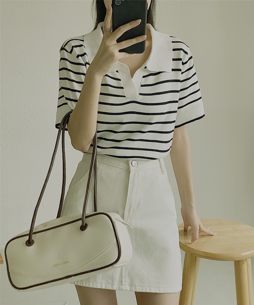 MAISON DE THERESE（メゾン ド テレーズ）の「ニットボーダー半袖ポロシャツ ストライプ Tシャツ polo カットソー 男女兼用（ポロシャツ・レディース・ブラック/ライトベージュ/ネイビー/ベージュ/ホワイト/ブラック系1/ホワイト系1/ベージュ系1・FREE）」の16枚目の写真