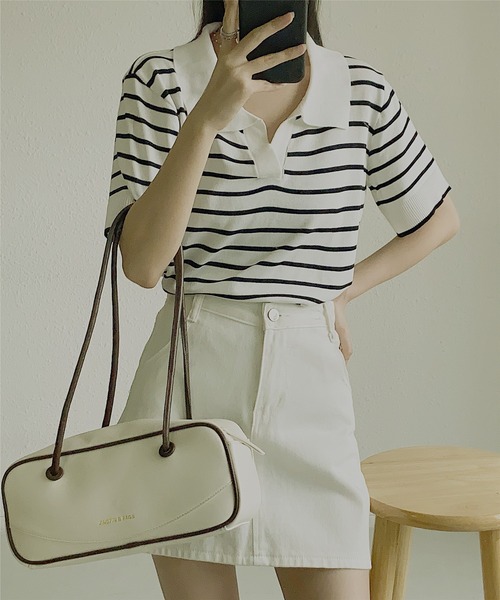 MAISON DE THERESE（メゾン ド テレーズ）の「ニットボーダー半袖ポロシャツ ストライプ Tシャツ polo カットソー 男女兼用（ポロシャツ・レディース・ブラック/ライトベージュ/ネイビー/ベージュ/ホワイト/ブラック系1/ホワイト系1/ベージュ系1・FREE）」の15枚目の写真