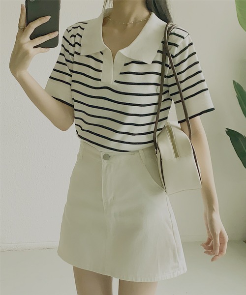 MAISON DE THERESE（メゾン ド テレーズ）の「ニットボーダー半袖ポロシャツ ストライプ Tシャツ polo カットソー 男女兼用（ポロシャツ・レディース・ブラック/ライトベージュ/ネイビー/ベージュ/ホワイト/ブラック系1/ホワイト系1/ベージュ系1・FREE）」の14枚目の写真