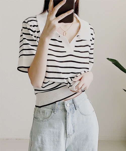 MAISON DE THERESE（メゾン ド テレーズ）の「ニットボーダー半袖ポロシャツ ストライプ Tシャツ polo カットソー 男女兼用（ポロシャツ・レディース・ブラック/ライトベージュ/ネイビー/ベージュ/ホワイト/ブラック系1/ホワイト系1/ベージュ系1・FREE）」の13枚目の写真