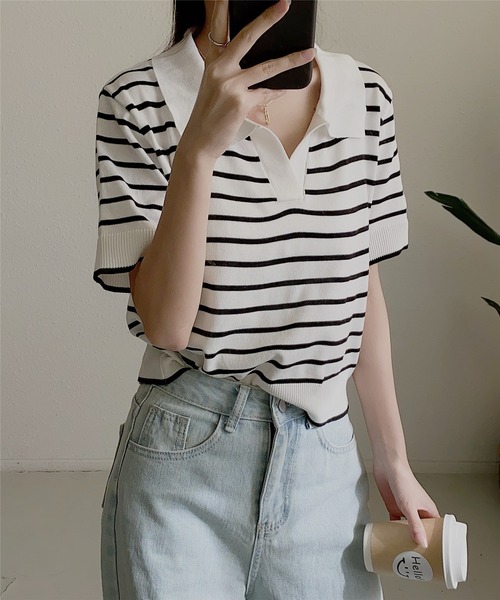 MAISON DE THERESE（メゾン ド テレーズ）の「ニットボーダー半袖ポロシャツ ストライプ Tシャツ polo カットソー 男女兼用（ポロシャツ・レディース・ブラック/ライトベージュ/ネイビー/ベージュ/ホワイト/ブラック系1/ホワイト系1/ベージュ系1・FREE）」の12枚目の写真