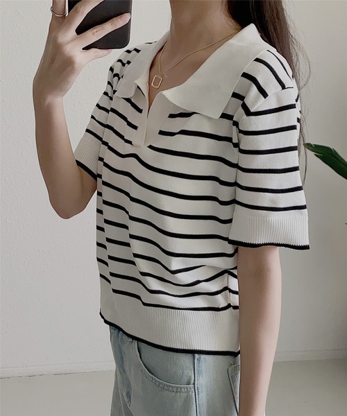 MAISON DE THERESE（メゾン ド テレーズ）の「ニットボーダー半袖ポロシャツ ストライプ Tシャツ polo カットソー 男女兼用（ポロシャツ・レディース・ブラック/ライトベージュ/ネイビー/ベージュ/ホワイト/ブラック系1/ホワイト系1/ベージュ系1・FREE）」の11枚目の写真