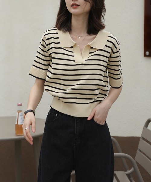 セール】ニットボーダー半袖ポロシャツ ストライプ Tシャツ polo