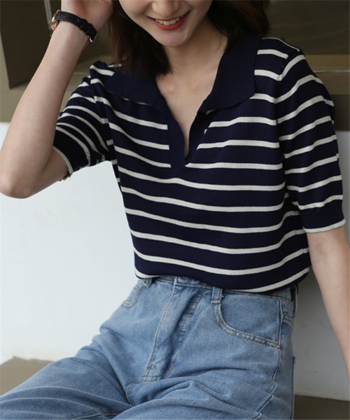 セール】ニットボーダー半袖ポロシャツ ストライプ Tシャツ polo