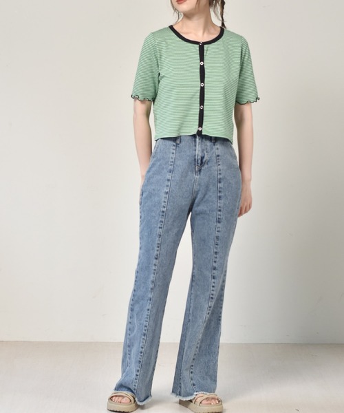 RETRO GIRL(レトロガール)の「ハイウエストフレアパンツ(デニムパンツ・レディース・ケミカルウォッシュ/ブラック/オフホワイト/インディゴブルー・FREE)」の7枚目の写真