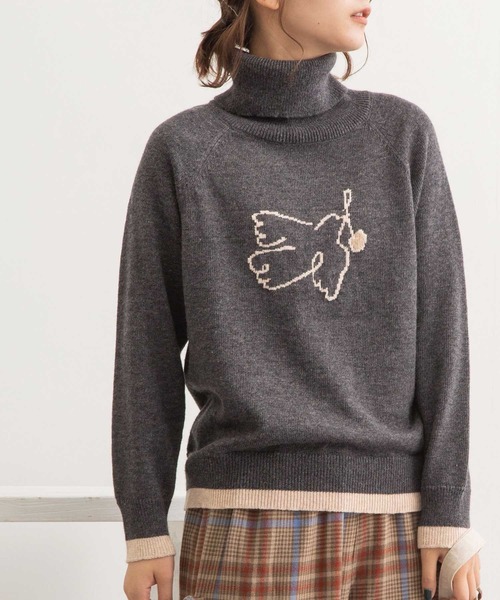 POU DOU DOU（プードゥドゥ）の「バードインターシャタートルニット（ニット/セーター・レディース・アイボリー/ベージュ/ダークグレー・3）」の3枚目の写真